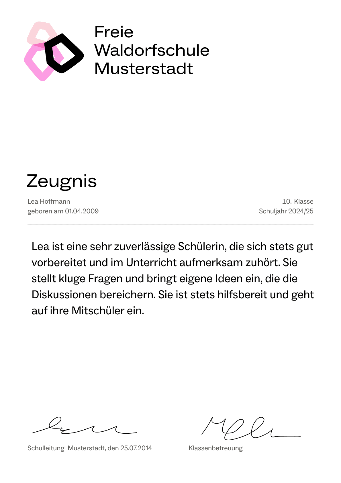 Zeugnis einer Schülerin von der Freien Waldorfschule