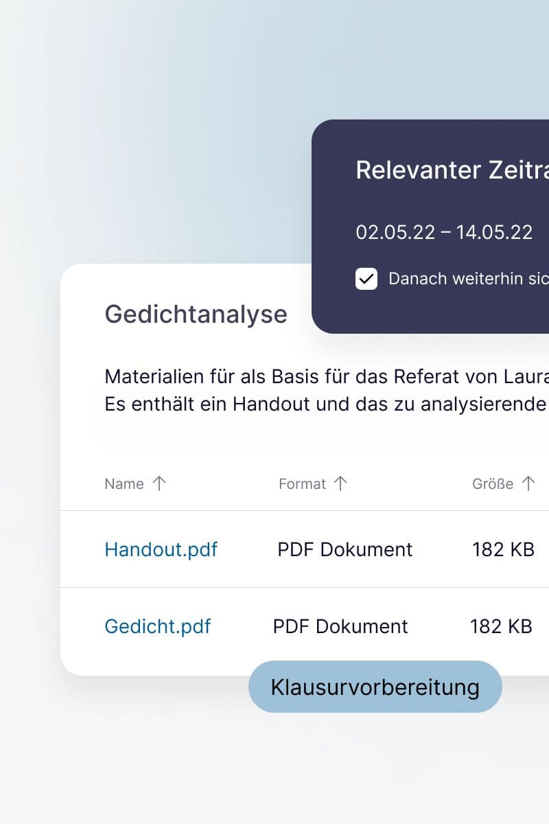 UI-Screenshot zur Gedichtanalyse mit PDF-Liste und Zeitraum